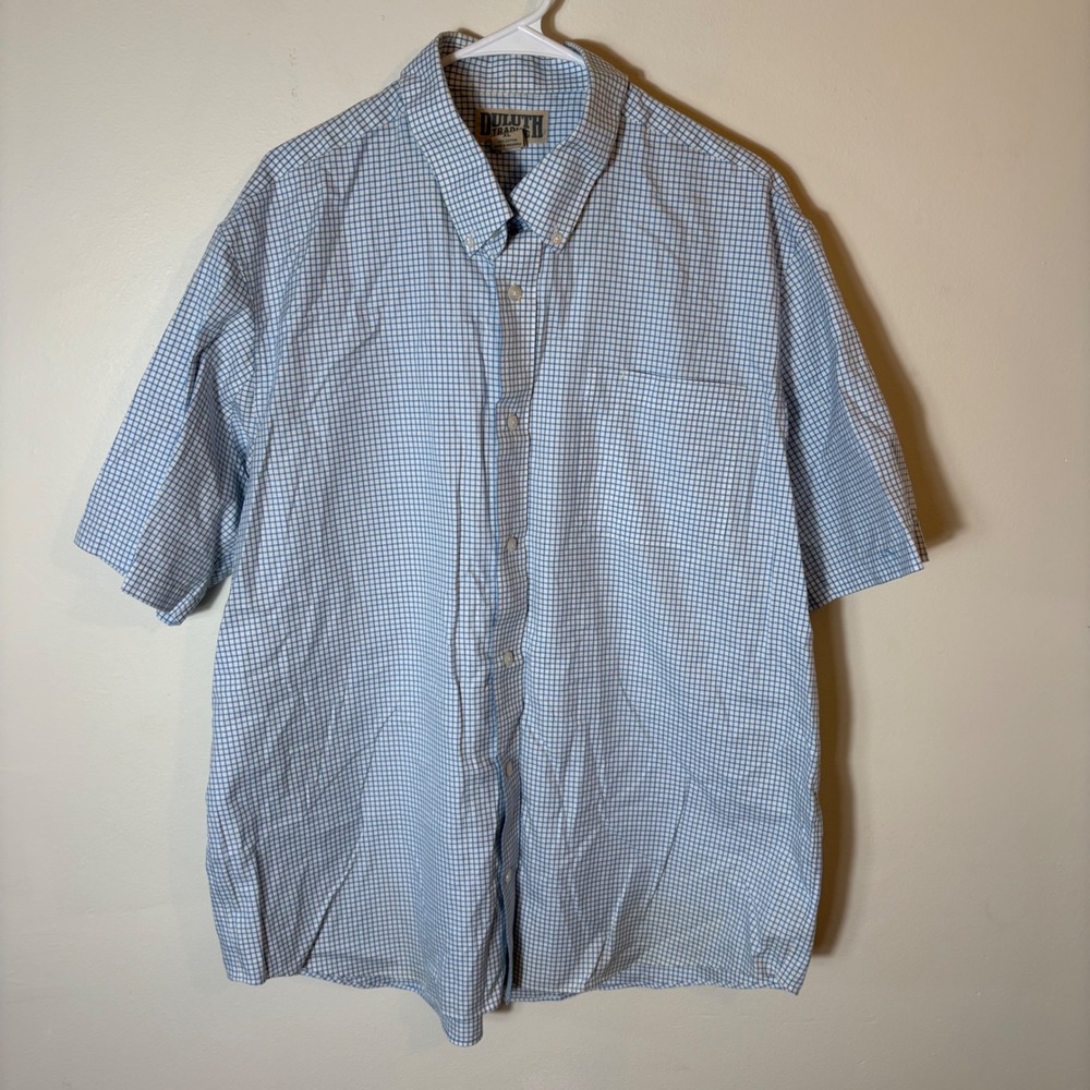 Duluth Trading Co. Mens XL Blue White Plaid Button Down Short Sleeve Shirt‎
